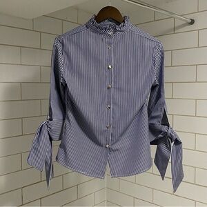 Women’s Richcoco Classic Blue White Pinstripes Blouse Ruffled Collar Tie Sleeves